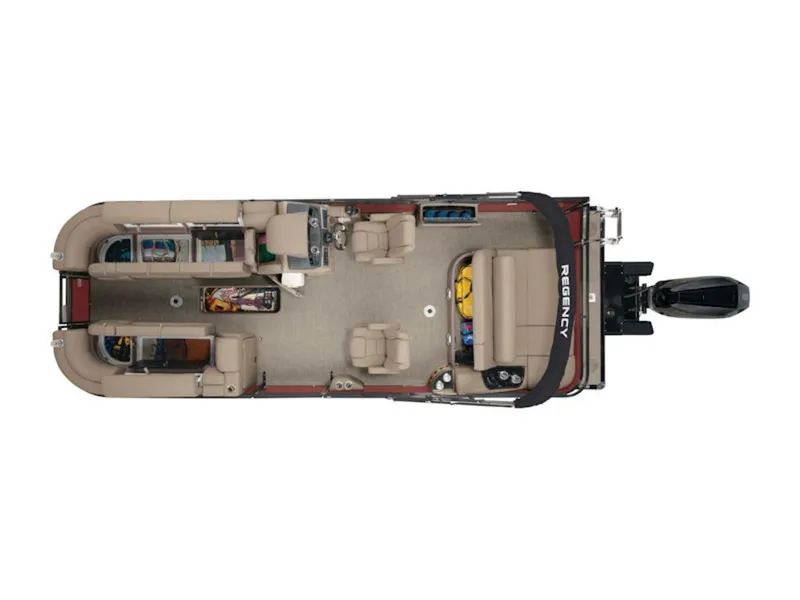 Slide: The Image of 2024 Regency 250 DL3 pontoon boat interior layout, featuring spacious seating and modern amenities. - 5