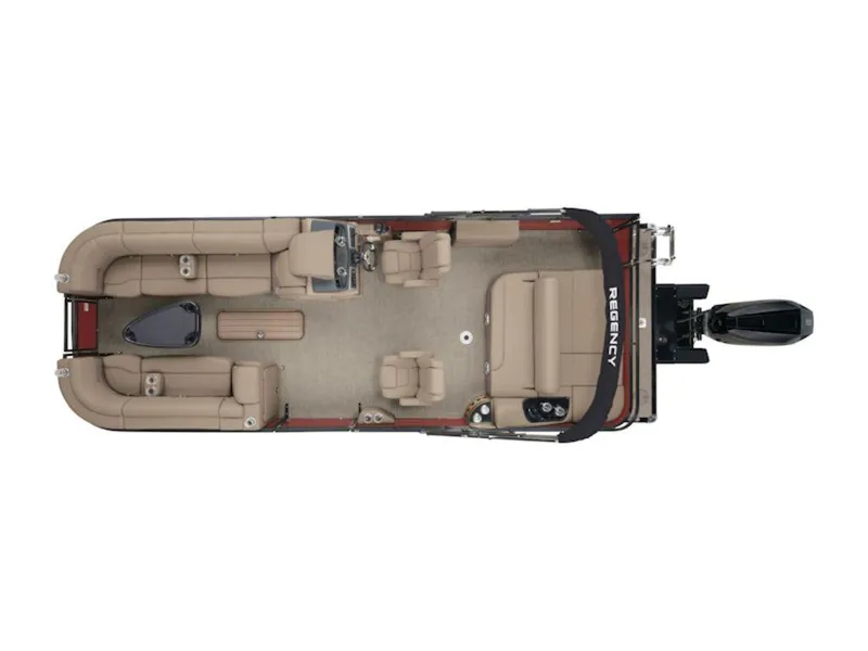 Slide: The Image of 2024 Regency 250 DL3 pontoon boat, top view, showcasing spacious seating and modern design. - 7