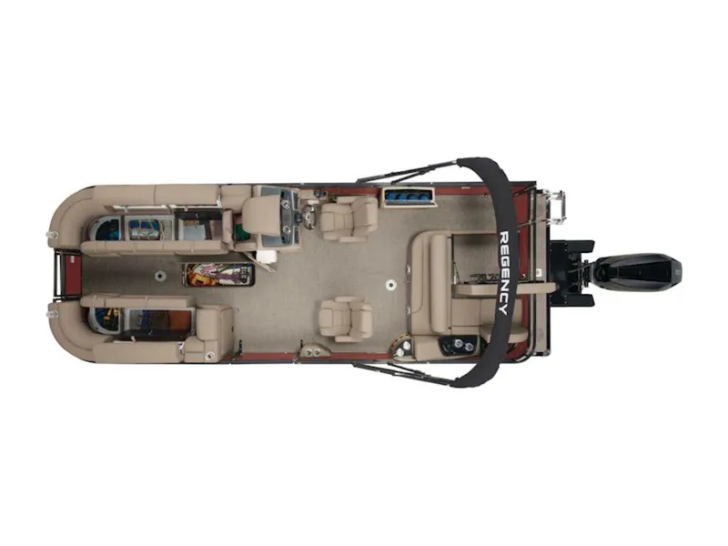 Slide: The Image of Top view of 2024 Regency 250 DL3 pontoon boat with spacious seating layout. - 8