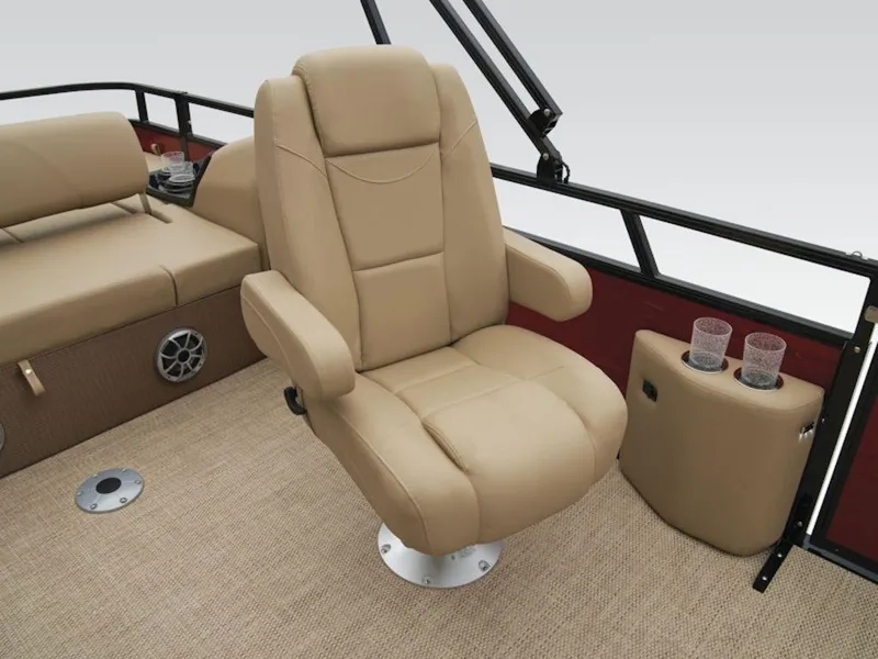 Slide: The Image of Luxurious seating on 2024 Regency 250 DL3 pontoon boat with cup holders and speaker. - 9