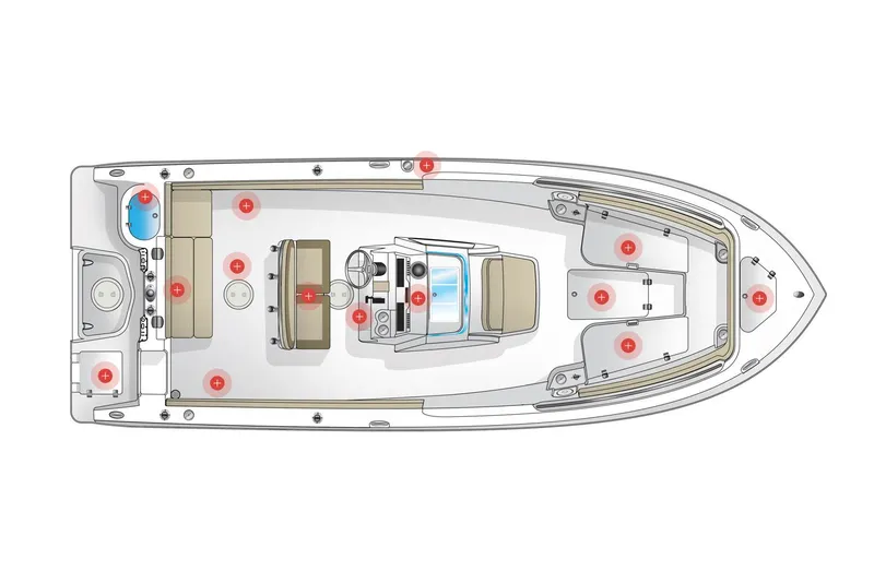 Slide: The Image of 2024 Sailfish 241 CC boat interior with seating, docked in a scenic marina. - 10