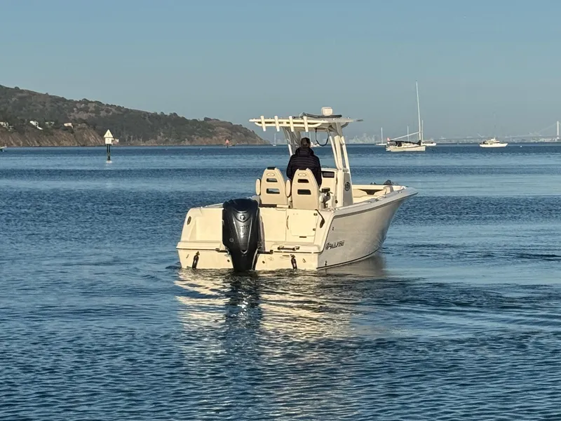 Slide: The Image of 2024 Sailfish 241 CC boat interior with dual seats, docked at marina. - 12