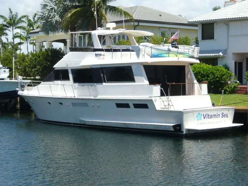The Image of 1990 Viking Cockpit Motor Yacht docked near waterfront homes. - 0