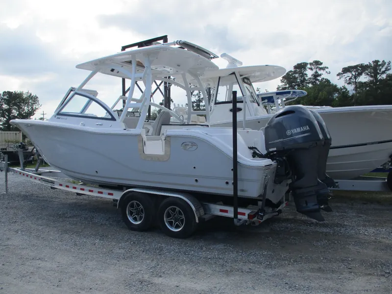 Slide: The Image of 2023 Sea Fox 268 Traveler boat on trailer with Yamaha outboard motor. - 1