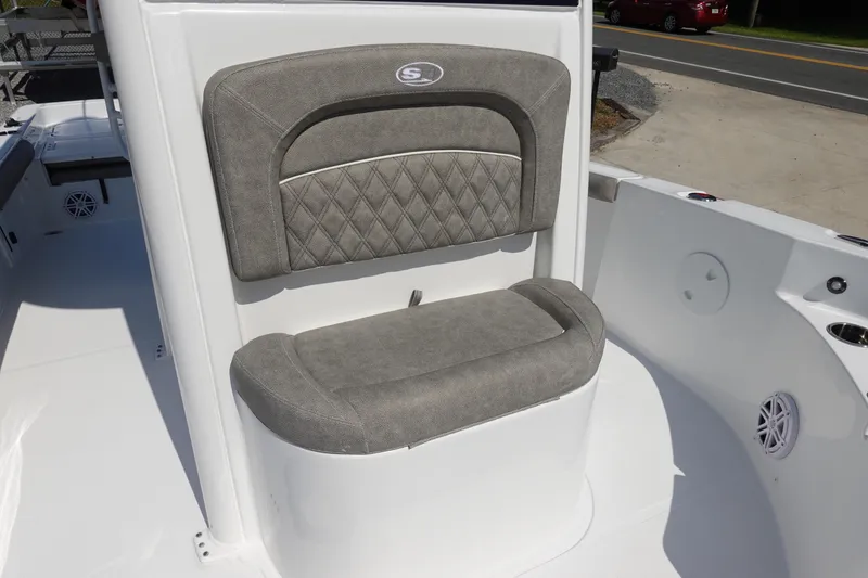 Slide: The Image of 2026 Sea Hunt BX 25 FS boat seat with gray upholstery and diamond pattern design. - 21