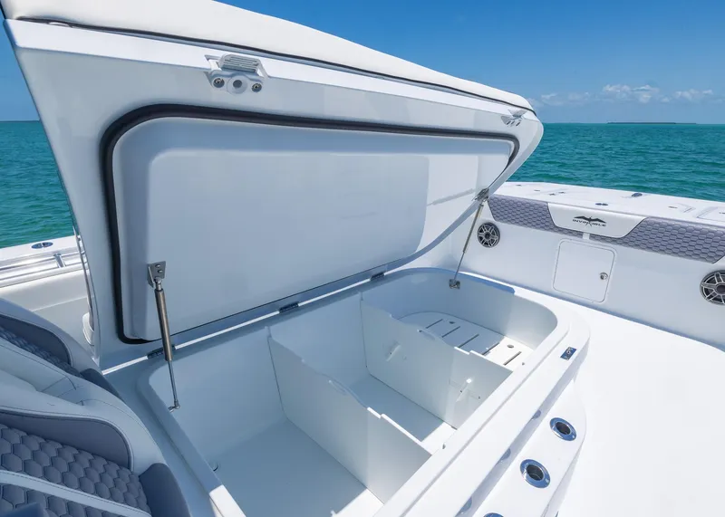 Slide: The Image of 2026 Invincible 38 Catamaran with open storage compartment, ocean backdrop. - 12