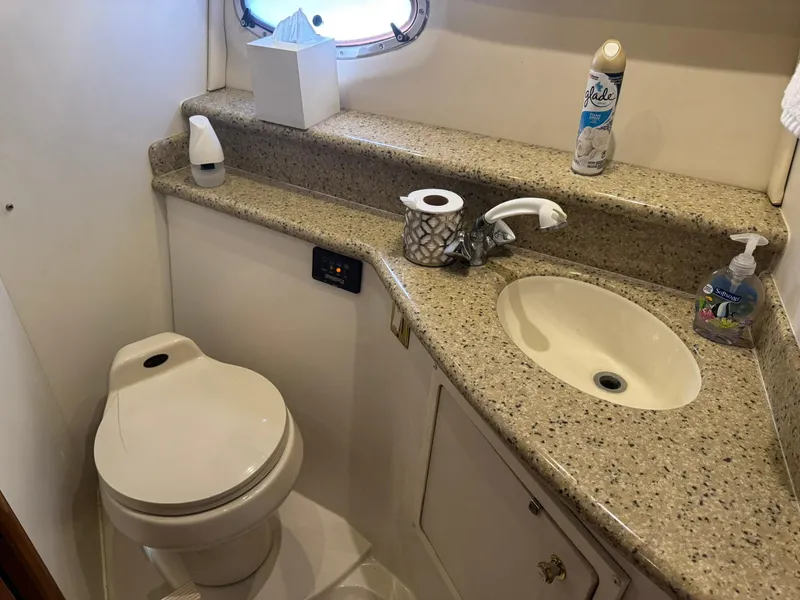 Slide: The Image of Bathroom interior of 2001 Carver 450 Voyager Pilothouse with sink and toilet. - 43