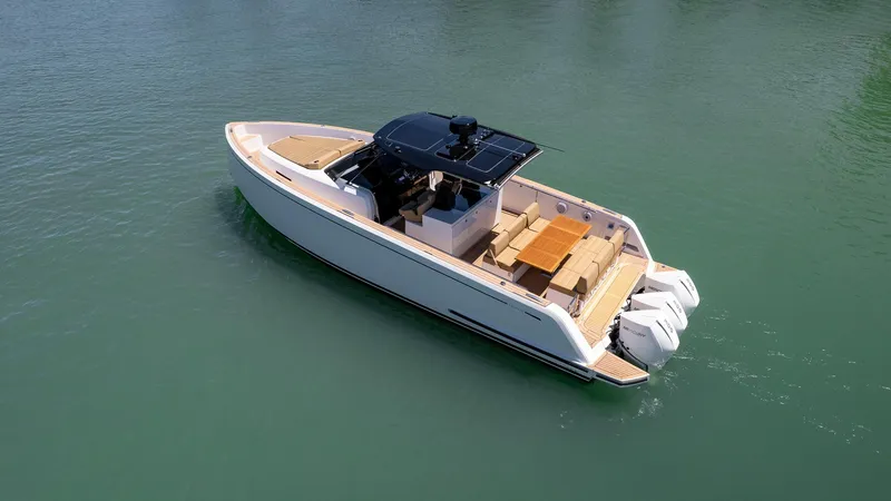 The Image of 2025 Pardo Yachts 38 cruising on calm waters, showcasing sleek design and luxury features. - 1