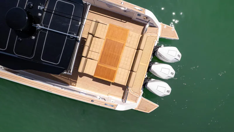 Slide: The Image of Aerial view of 2025 Pardo Yachts 38 with elegant deck and triple engines. - 5