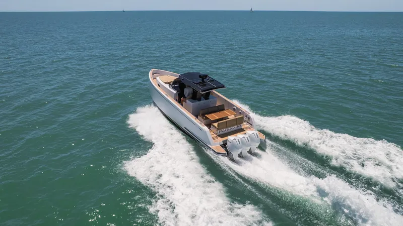 Slide: The Image of 2025 Pardo Yachts 38 cruising on open sea, showcasing sleek design and powerful engines. - 7