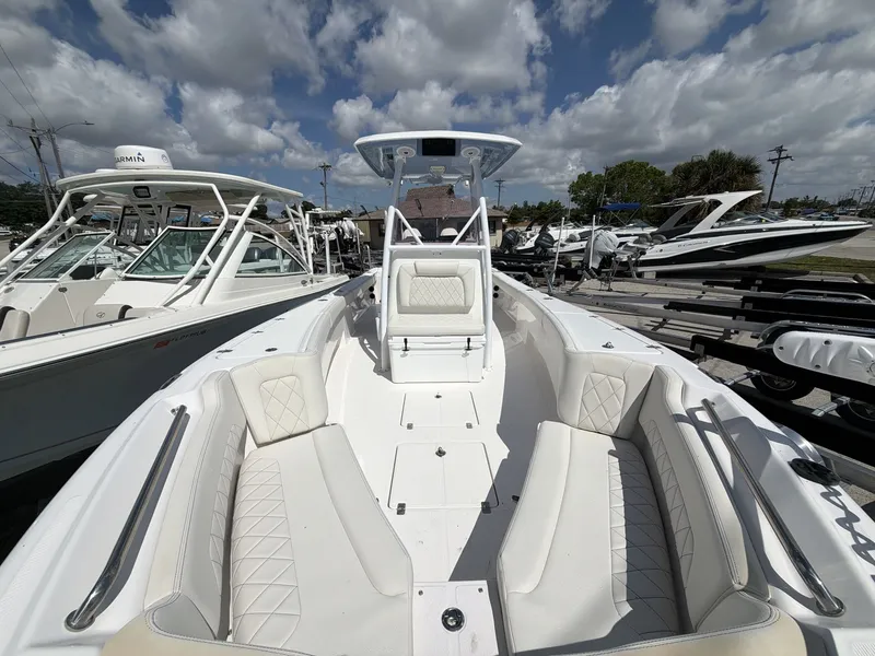 Slide: The Image of 2020 Blue Wave 2800 Makaira boat with luxurious interior seating. - 26