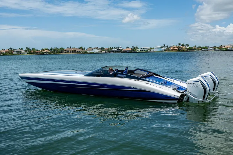 Slide: The Image of 2023 Performance Powerboats P360 on water, showcasing sleek design and powerful engines. - 20