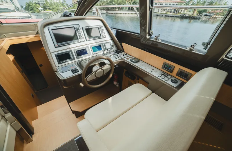 Slide: The Image of 2011 Riva SportRiva 56 yacht cockpit with modern navigation controls and luxurious seating. - 16
