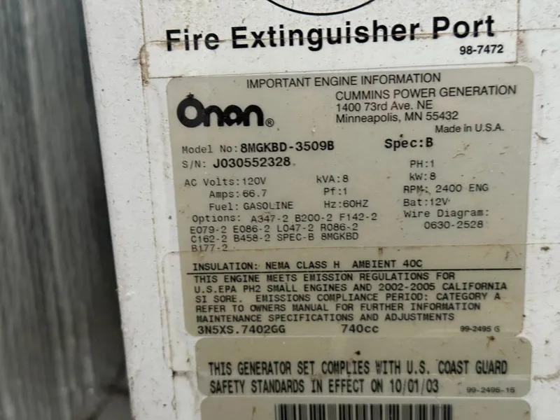Slide: The Image of Label on Cummins Onan generator, model 8MGKBD-3509B, showing specifications and compliance details. - 18