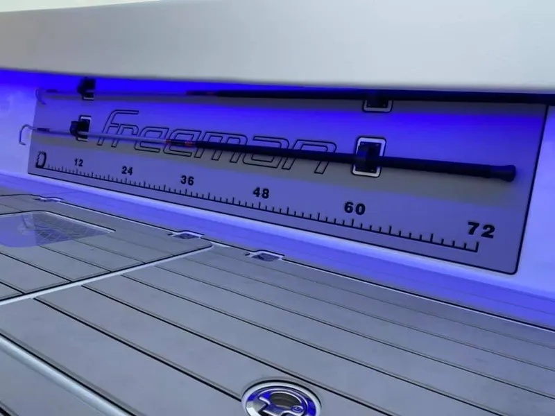 Slide: The Image of Freeman 42 LR 2021 boat deck with integrated measuring ruler and blue lighting. - 10