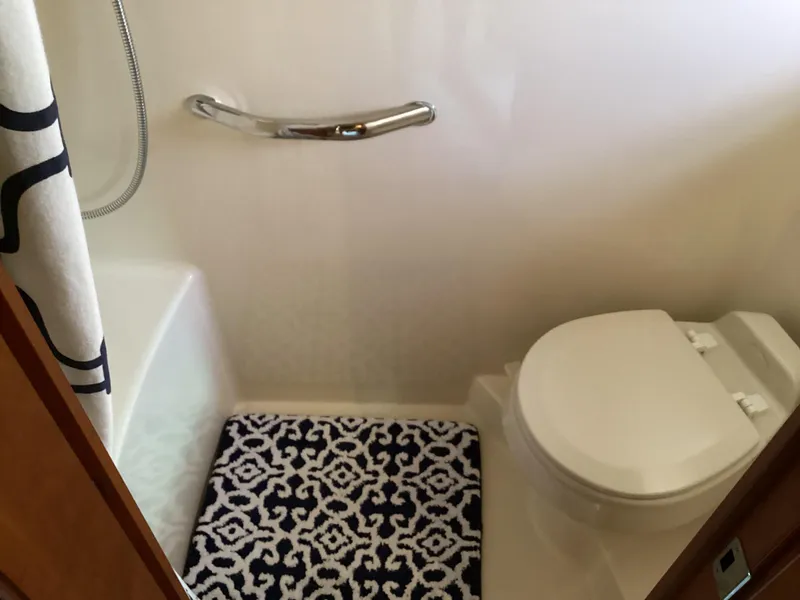 Slide: The Image of Bathroom interior of 2006 Sea Ray 48 Sundancer yacht with patterned rug and toilet. - 30