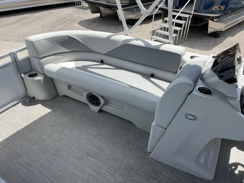 Slide: The Image of 2025 Avalon 2385 Venture 85 Quad Lounger interior with gray seating and modern design. - 12