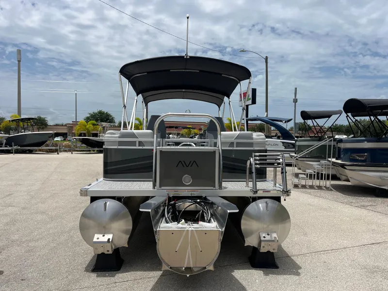 Slide: The Image of 2025 Avalon 2385 Venture 85 Quad Lounger Tri Toon boat, rear view, outdoor display. - 6