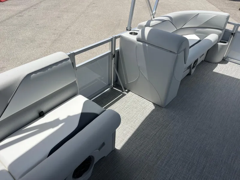 Slide: The Image of 2025 Avalon 2385 Venture 85 Tri Toon boat interior with sleek seating and modern design. - 11