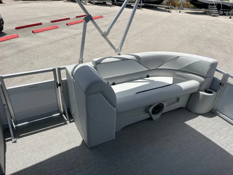 Slide: The Image of 2025 Avalon 2385 Venture 85 Tri Toon boat interior with sleek seating and modern design. - 13