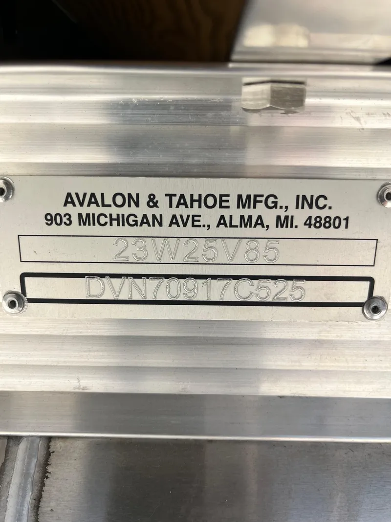 Slide: The Image of 2025 Avalon 2385 Venture 85 Rear Fish Tri Toon, high-performance boat identification plate. - 20