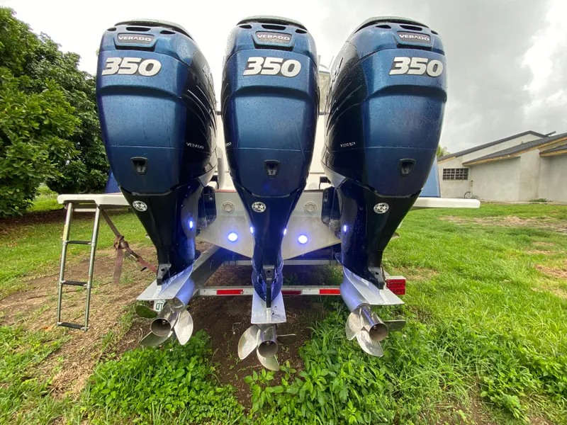 Slide: The Image of Triple Mercury Verado 350 engines on a 2008 Intrepid 390 Sport Yacht. - 34