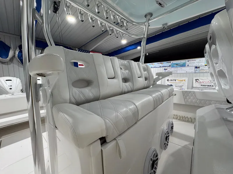 Slide: The Image of 2024 Contender 44 ST boat interior with luxurious seating and modern design. - 15