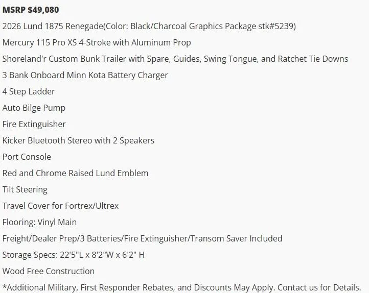 Slide: The Image of 2026 Lund 1875 Renegade SS boat features and pricing details. - 5