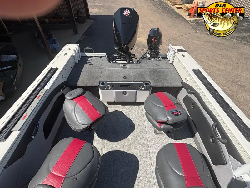 Slide: The Image of 2020 Ranger VX1888 WT boat interior with red and black seats, motor, and D&R Sports Center logo. - 8