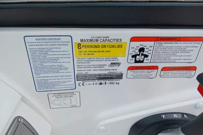 Slide: The Image of 2025 Tahoe 200 S boat capacity and safety warnings, including carbon monoxide and engine guidelines. - 7