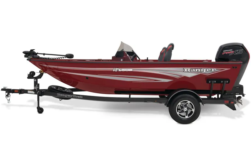 Slide: The Image of 2025 Ranger VS1682SC Angler boat on trailer in parking lot, surrounded by trees. - 1