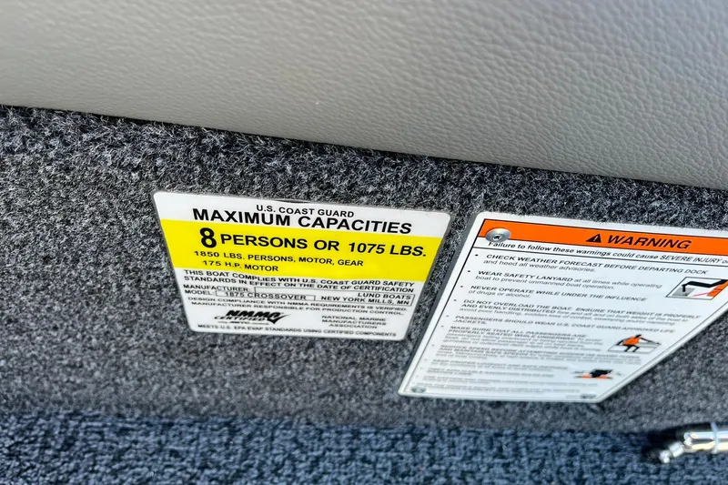 Slide: The Image of Capacity label on 2026 Lund 1875 Crossover XS, seating 8 people or 1075 lbs. - 34