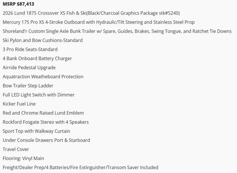 Slide: The Image of 2026 Lund 1875 Crossover XS features and pricing details, including Mercury 175 Pro XS engine. - 6