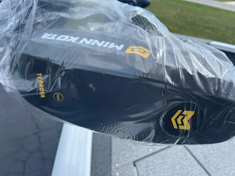 Slide: The Image of Minn Kota Terrova motor on 2026 Lund 1675 Adventure Sport, wrapped in protective plastic. - 17