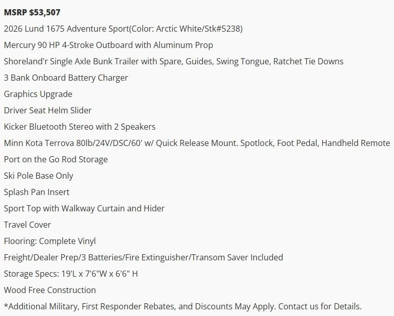 Slide: The Image of 2026 Lund 1675 Adventure Sport boat features and pricing details. - 4