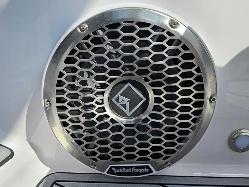 Slide: The Image of Rockford Fosgate speaker on 2025 Monterey M-45 boat, featuring a hexagonal grille design. - 22