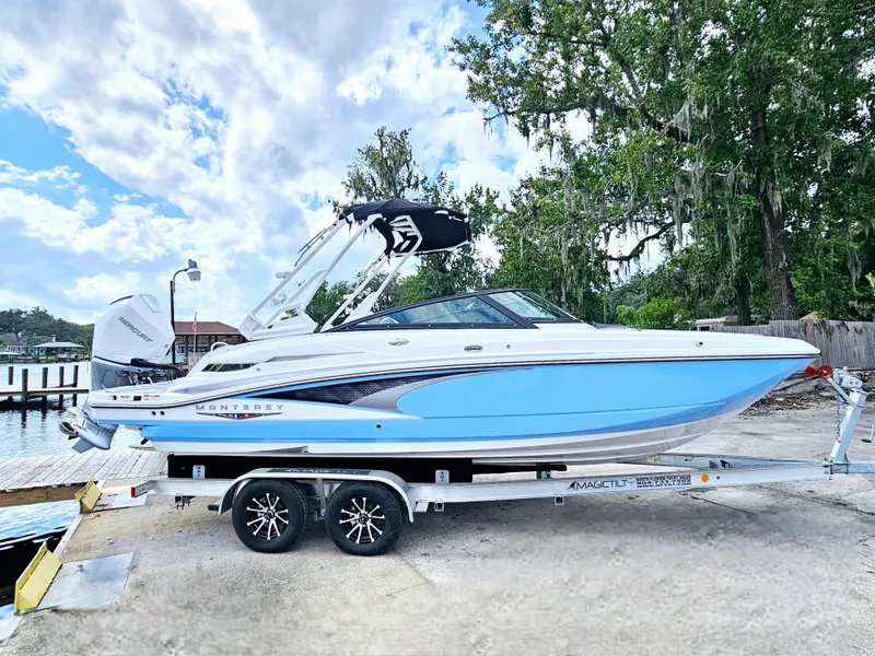 Slide: The Image of 2025 Monterey M-45 boat on trailer, blue and white design, parked near water. - 5