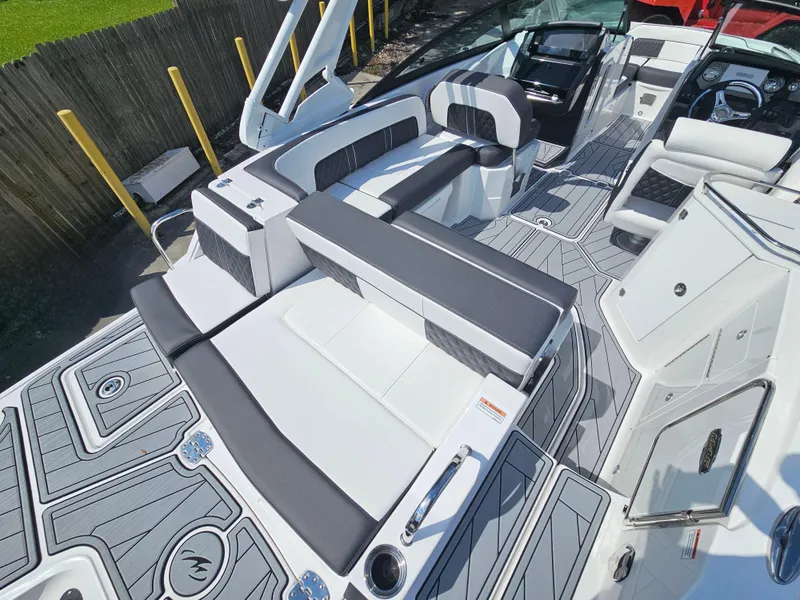 Slide: The Image of 2025 Monterey M-45 boat interior with sleek seating and modern design. - 8