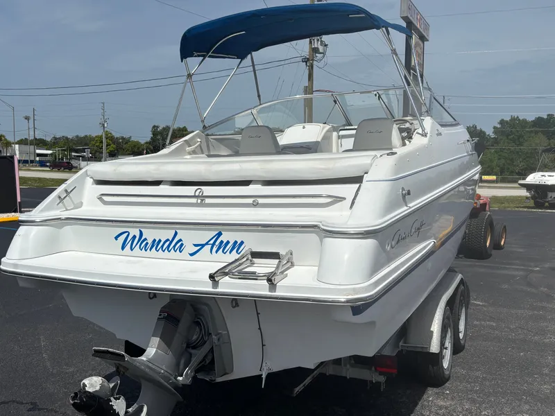 Slide: The Image of 1996 Chris-Craft 25 Concept boat named "Wanda Ann" on a trailer, rear view. - 8