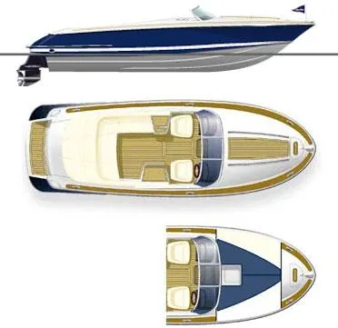 Slide: The Image of 2004 Chris-Craft Corsair 25 boat design, top and side views, showcasing sleek lines and layout. - 25