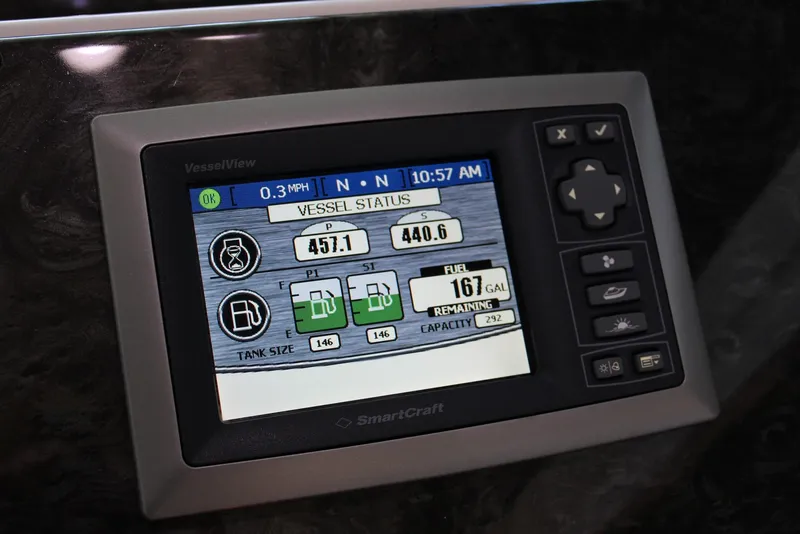 Slide: The Image of SmartCraft VesselView display on 2012 Sea Ray 450 Sundancer showing vessel status and fuel information. - 45