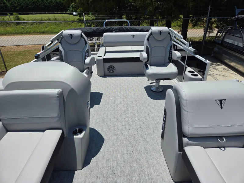 Slide: The Image of 2025 Trifecta 24 UL LET2.75 pontoon boat interior with gray seating and modern design. - 12