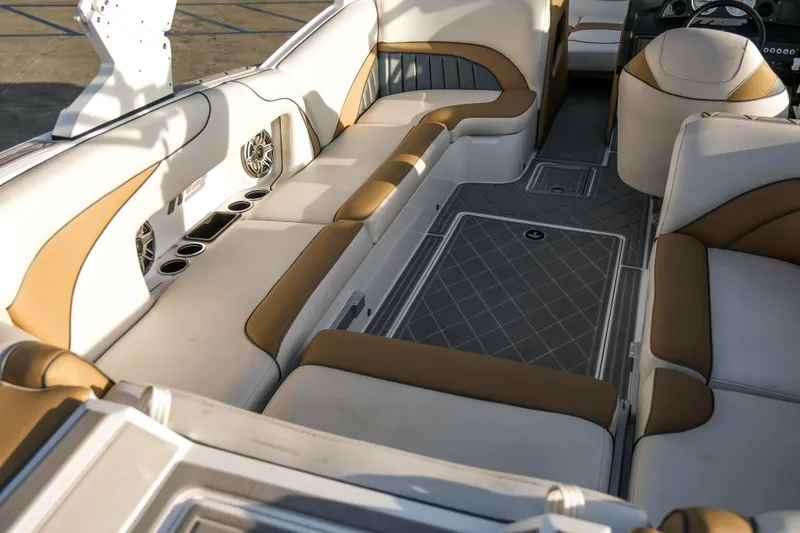 Slide: The Image of Luxurious interior of 2021 MB B23 Alpha boat with tan and white seating. - 17