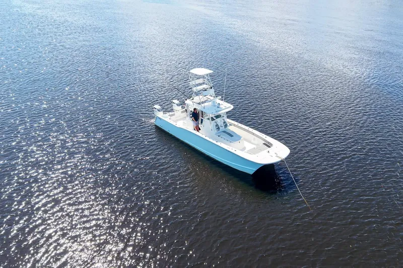 Slide: The Image of Aerial view of 2020 Tideline 365 Offshore boat on calm water. - 71