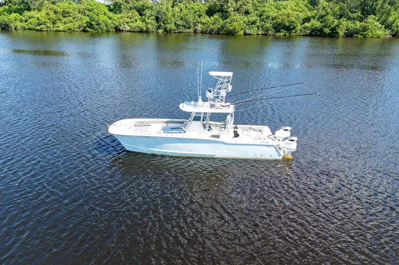 Slide: The Image of Aerial view of 2020 Tideline 365 Offshore boat on calm water. - 9