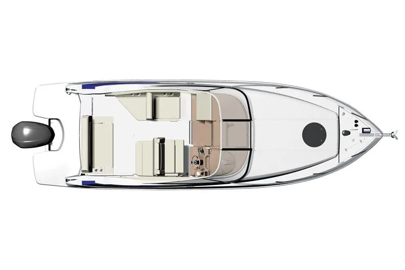 Slide: The Image of 2026 Regal 26 XO boat interior with white cushioned seating and built-in cup holder. - 16