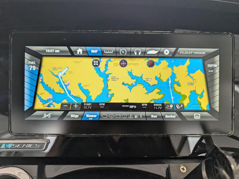 Slide: The Image of Yamaha Boats 2019 242X E-Series touchscreen display showing navigation map and boat controls. - 31