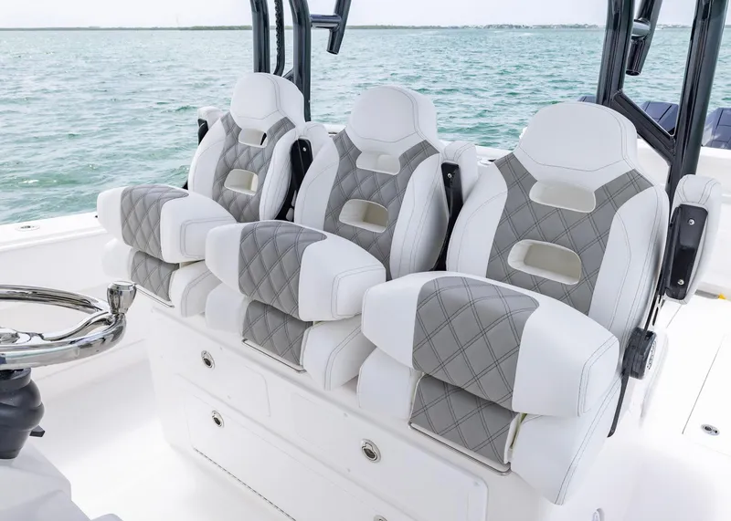 Slide: The Image of Luxurious seating on 2026 Blackwater 41 Sportfish boat with ocean backdrop. - 16
