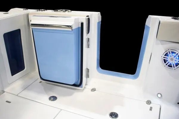 Slide: The Image of 2025 Blackfin 302 DC boat interior with storage compartment and speaker. - 8