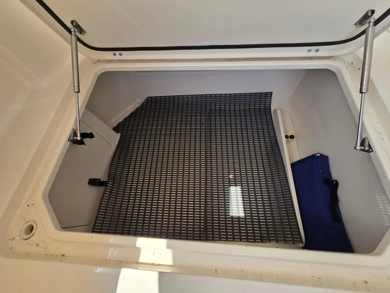 Slide: The Image of Storage compartment of 2017 Grady-White Freedom 335 boat with open hatch and mat. - 20